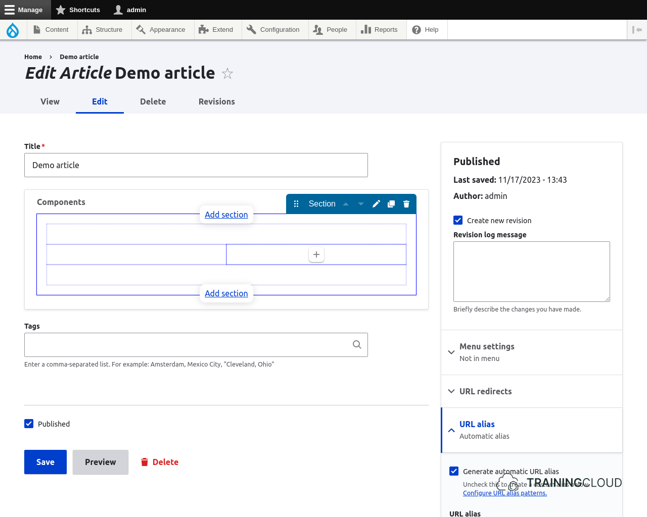 A screenshot of a Drupal 10 Article edit page using Layout Paragraphs with the layout paragraph components highlighted.