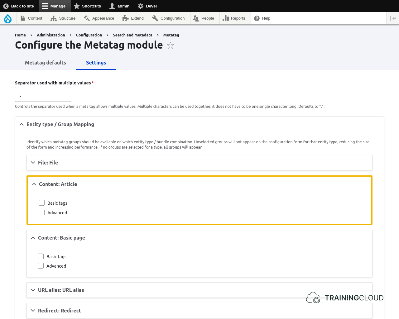 A screenshot of the Drupal 10 metatag settings page with the options for Articles highlighted.