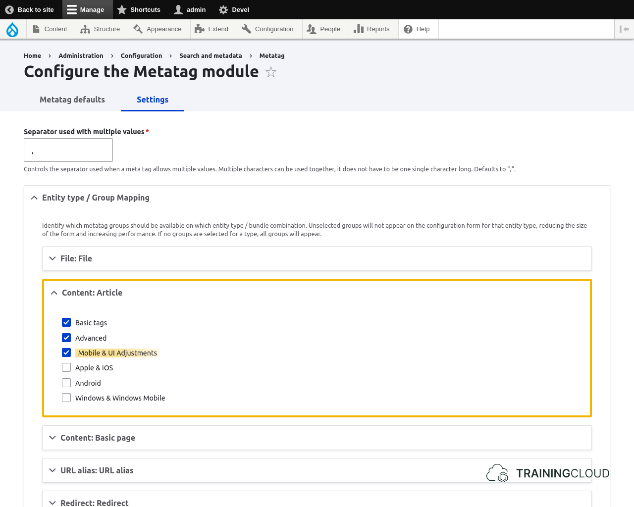 A screenshot of the Drupal 10 configure metatag settings page with the settings for articles highlighted.