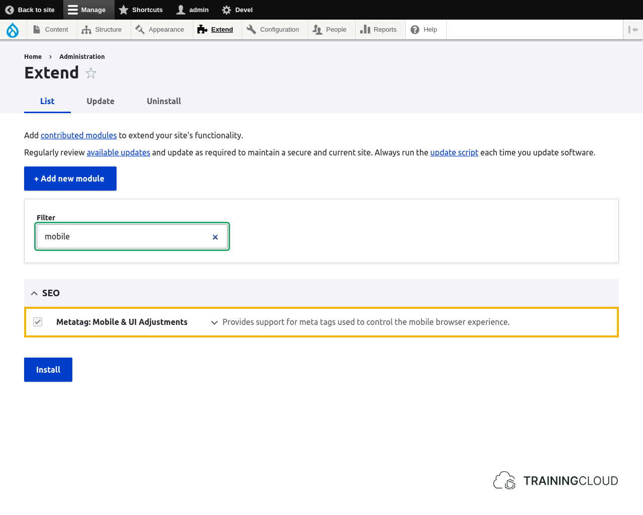 A screenshot of the Drupal 10 Extend page with a Metatag module highlighted.