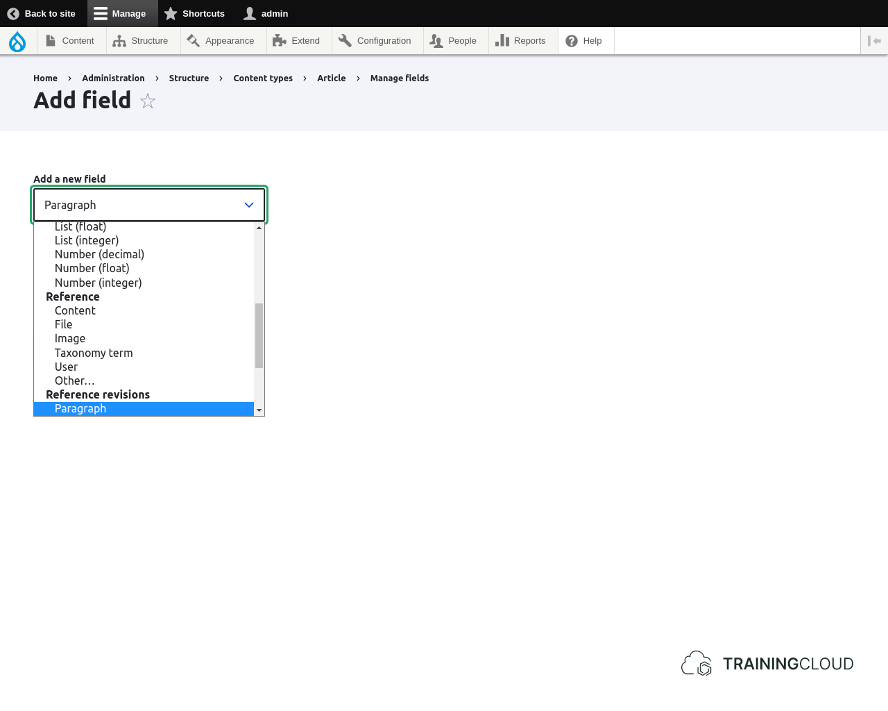 A screenshot of a Drupal 10 field configuration page on an article, using a Paragraph reference revision.