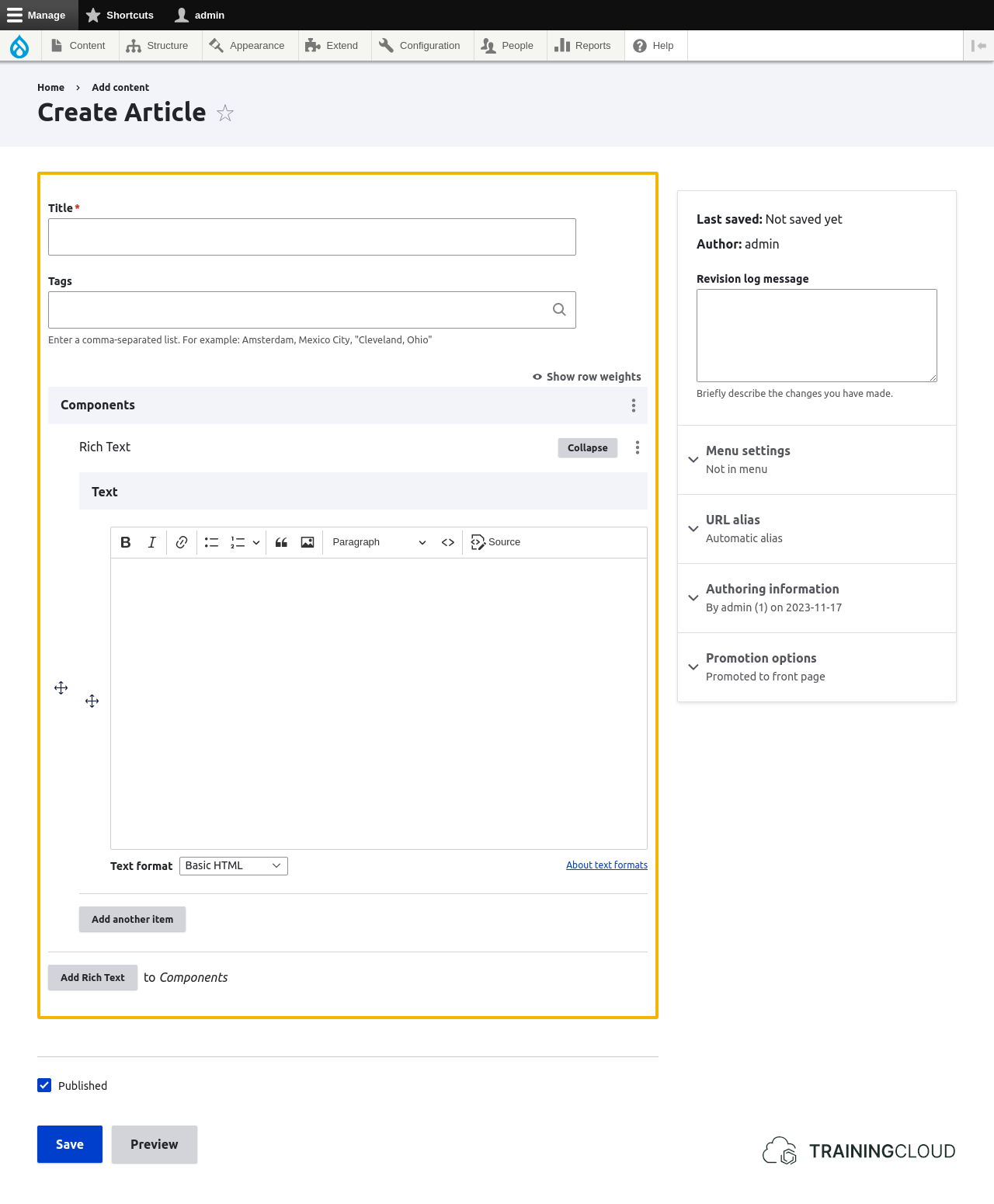 A screenshot of a Drupal 10 Article creation page using Paragraphs with the fields highlighted.