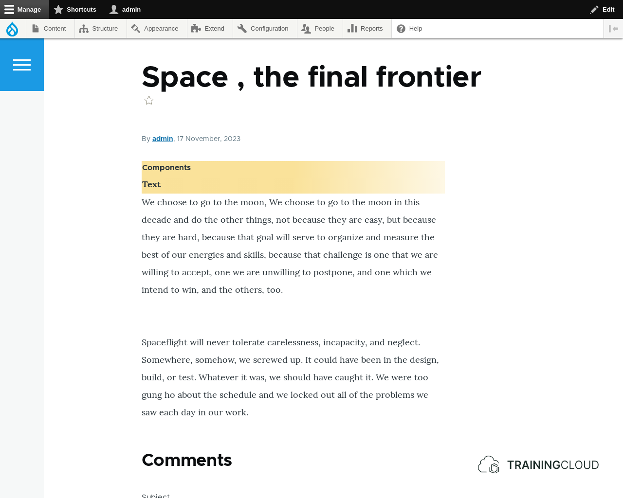 A screenshot of a Drupal 10 Article, with the field labels highlighted.