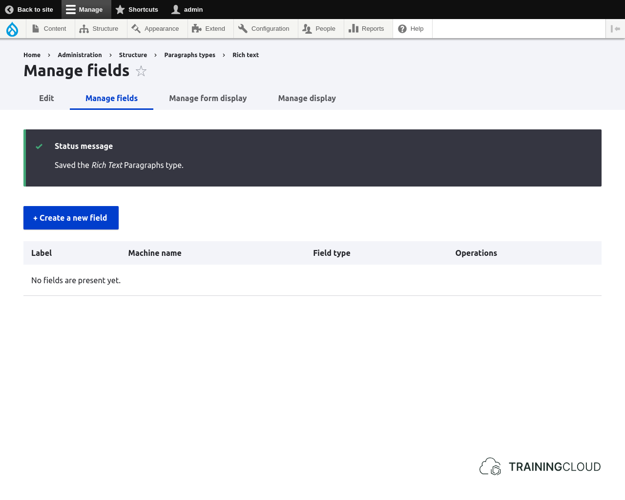 A screenshot of the Drupal 10 Paragraph type manage fields page.