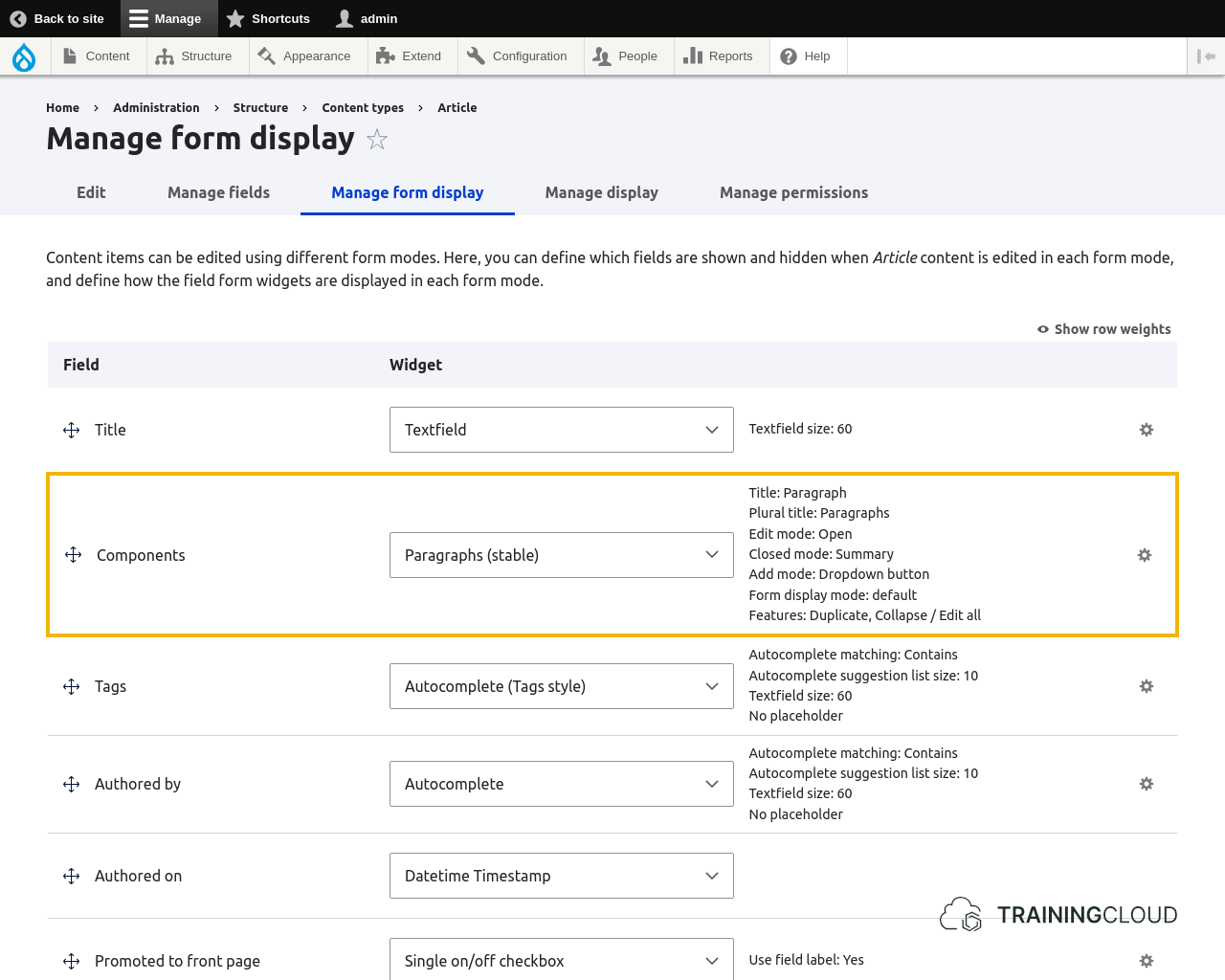A screenshot of the Manage form Display of a Drupal 10 Article, with a Paragraphs field highlighted.