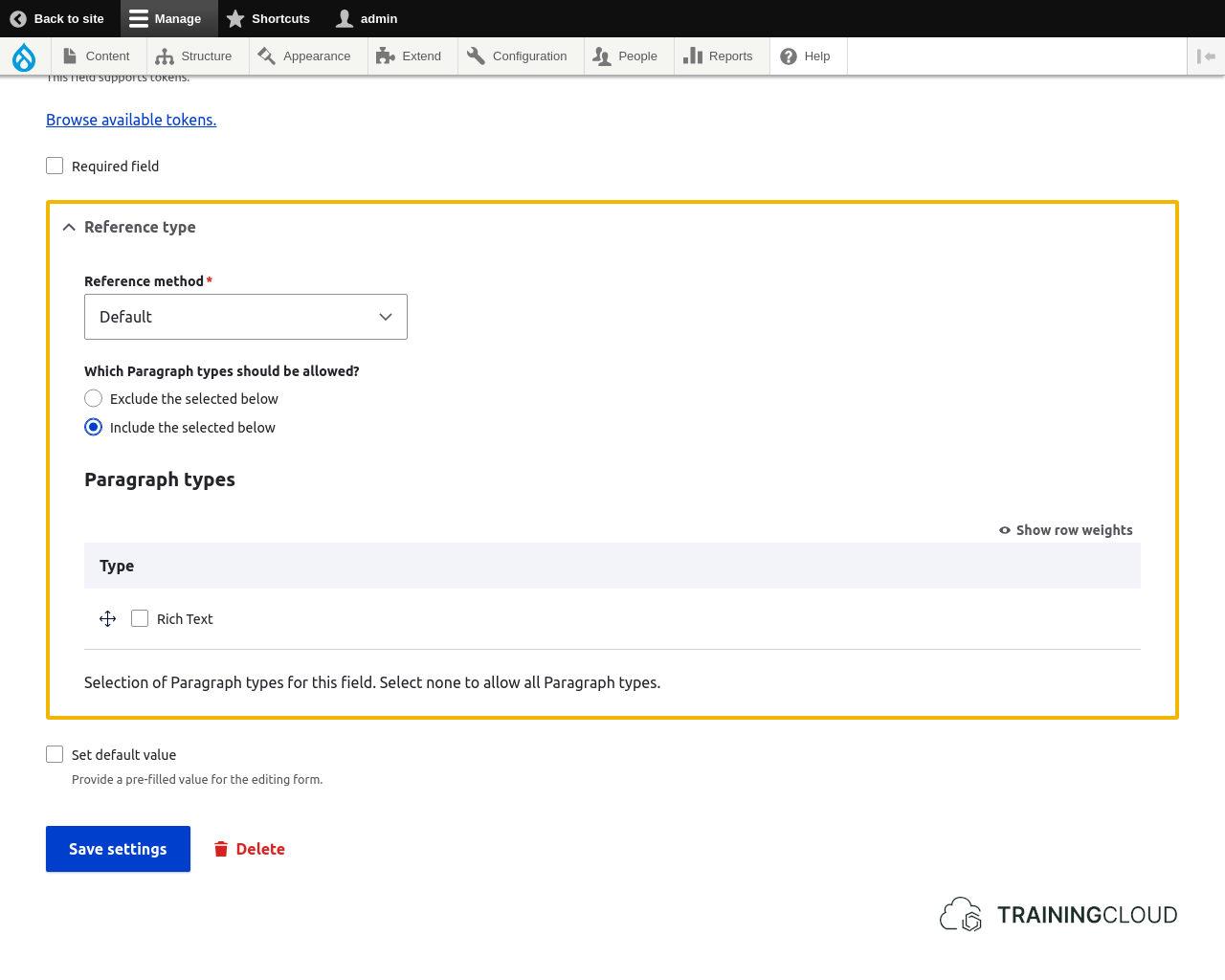 A screenshot of the Drupal 10 Paragraph field configuration page with the allowed Paragraph types highlighted