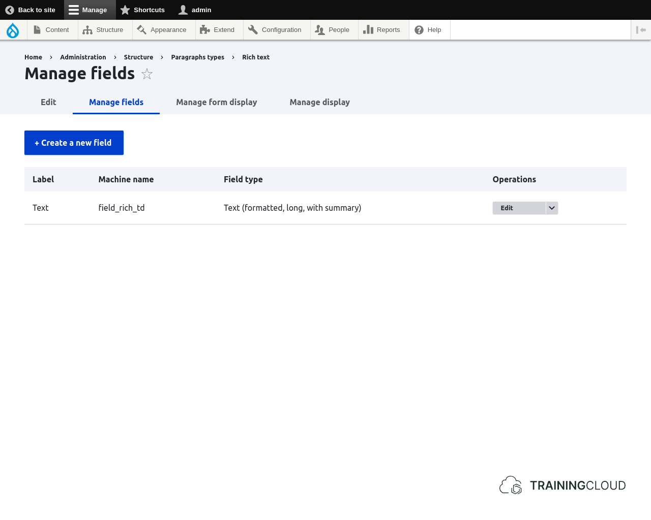 A screenshot of the Drupal 10 Paragraph types manage field display page, with a Rich text field added.