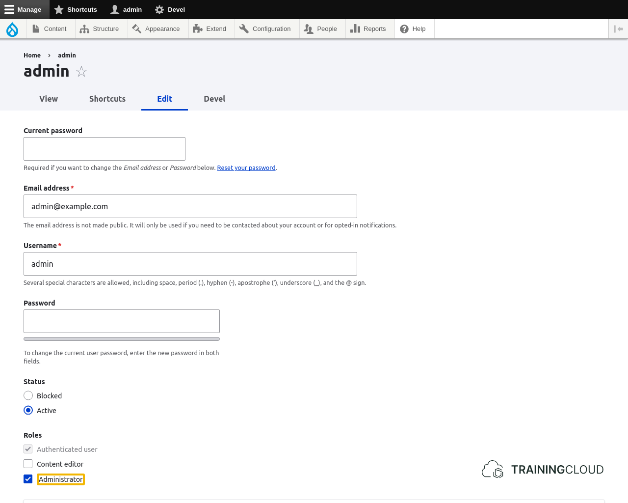 A screenshot of the Drupal 10 user edit page with a permissions setting highlighted.