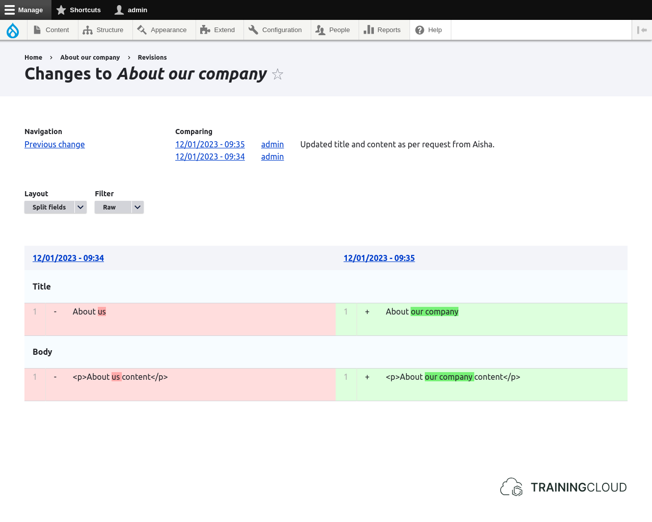 A screenshot of a Drupal 10 basic page's revisions being compared using the Diff module and using its split fields layout.
