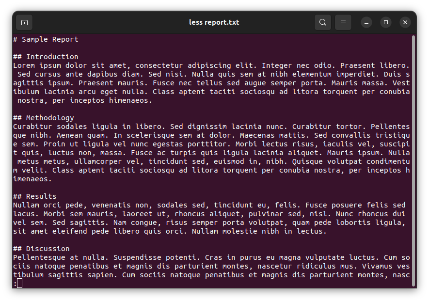 A screenshot of a text document being viewed using the less command.