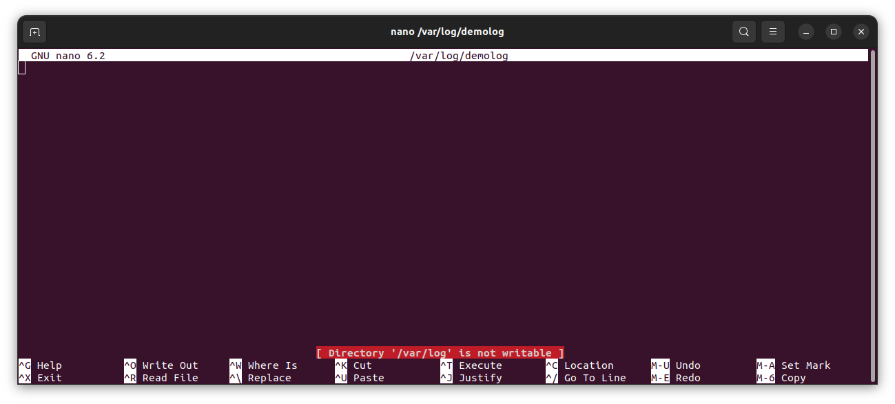 A screenshot showing a user not having the correct permissions to modify a file using nano.