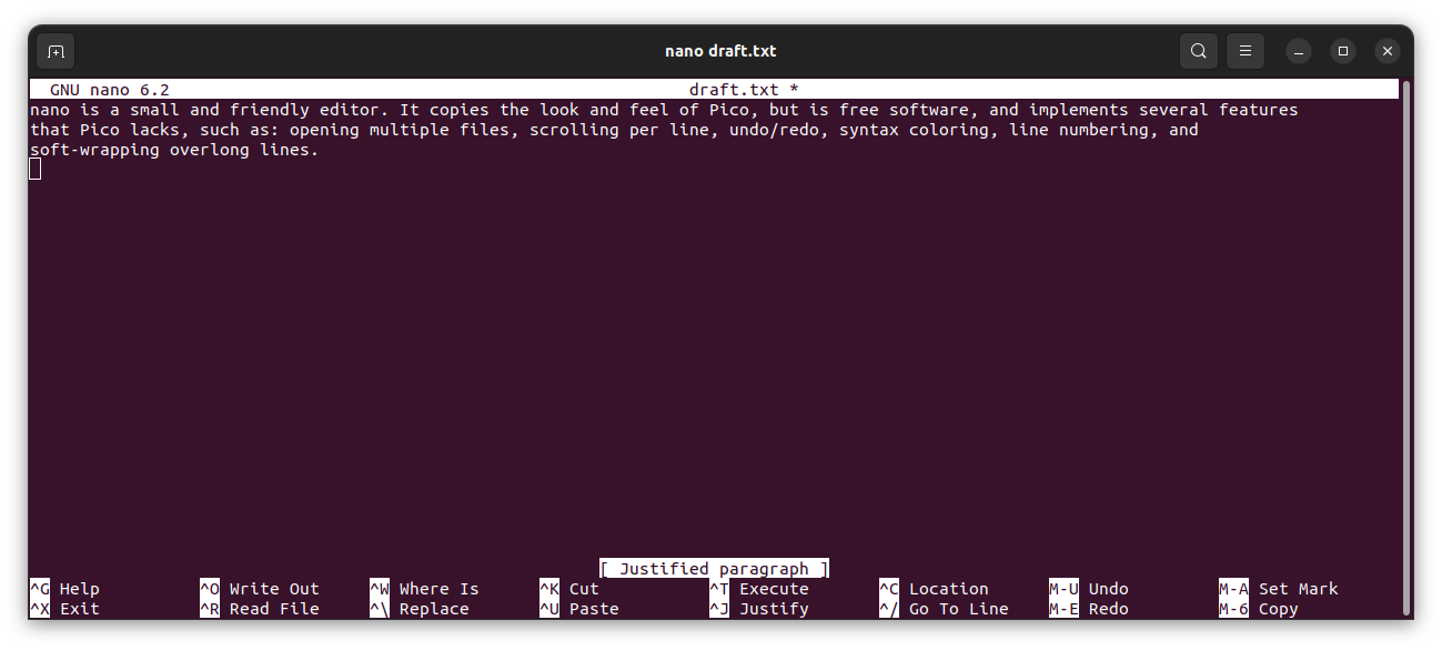 A screenshot of a text file being opened using the nano command.