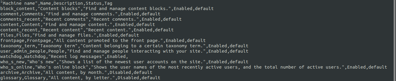 A screenshot of a command line terminal displaying the results of running a drush views:list --format=csv command.
