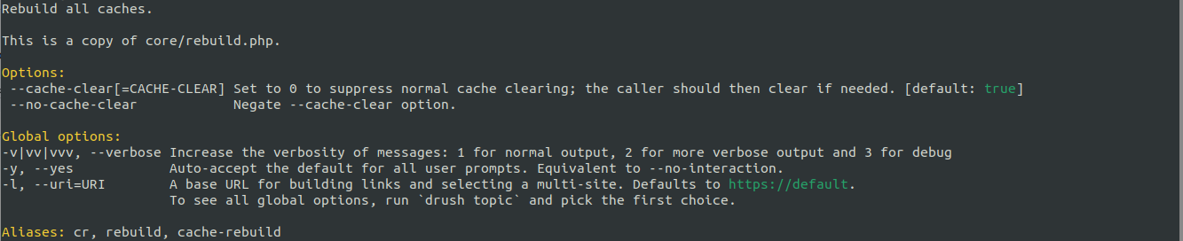 A screenshot of a command terminal displaying the results of running a drush help cache:rebuild command