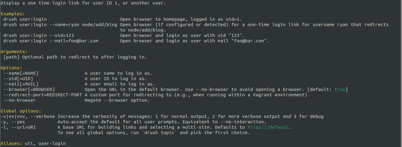 A screenshot of a command line terminal displaying the results of running a drush  help user:login command.