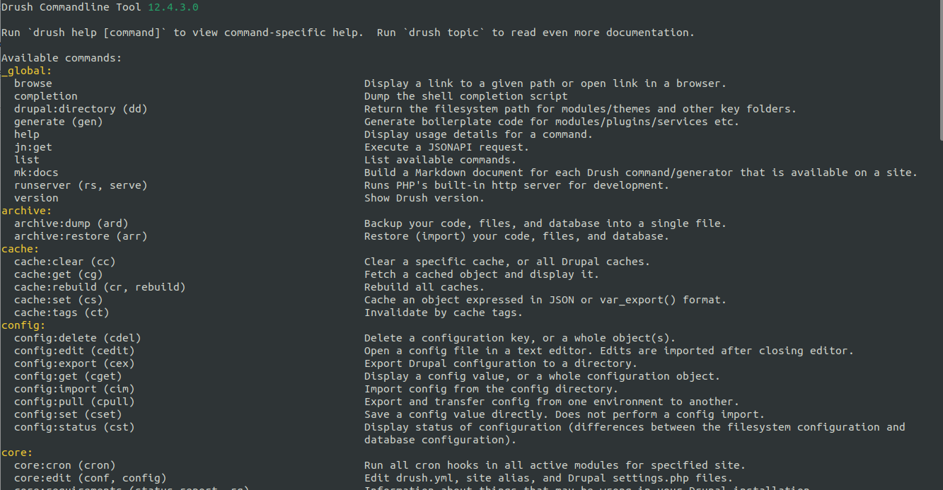 A screenshot of a command line terminal displaying the results of running a drush command.
