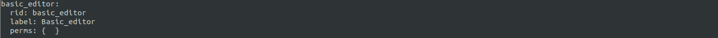 A screenshot of a command line terminal displaying the results of running a drush role:create basic_editor command followed by a drush role:list --filter="rid=basic_editor" command.