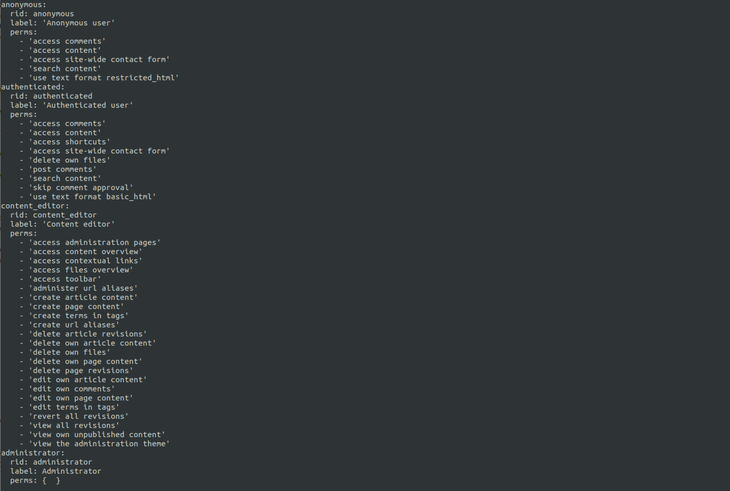 A screenshot of a command line terminal displaying the results of running a drush roll:list command.