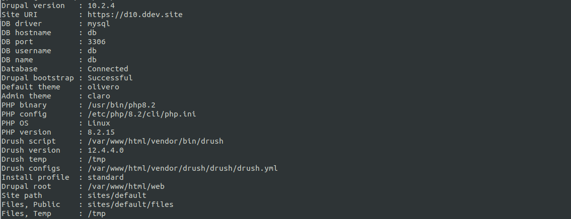 A screenshot of a command line terminal displaying the results of running a drush core:status command.
