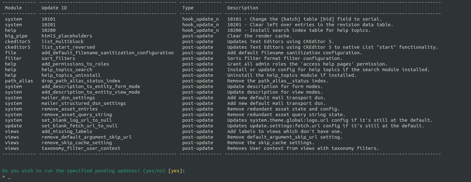 A screenshot of a command line terminal displaying the pending updates displayed after running a drush updatedb command.