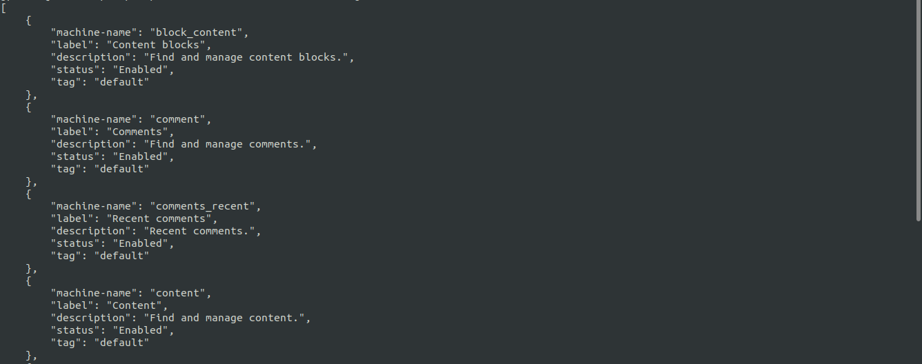 A screenshot of a command line terminal displaying the results of running a drush views:list --format=json command.