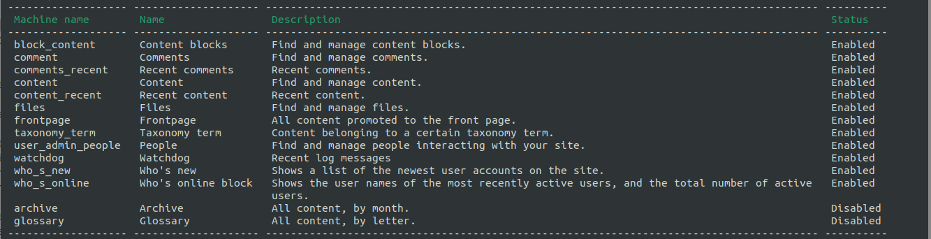 A screenshot of a command line terminal displaying the results of running a drush views list command.