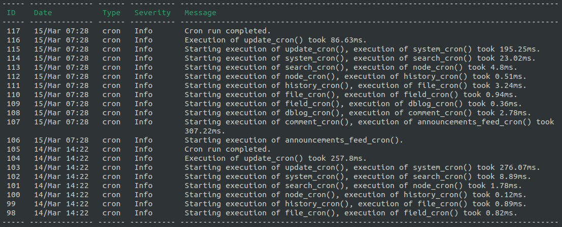 A screenshot of a command line terminal displaying the results of running a drush watchdog:show --count=20 command.