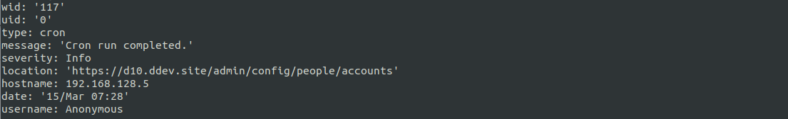 A screenshot of a command line terminal displaying the results of running a drush watchdog:show command specifying the message id of 117..