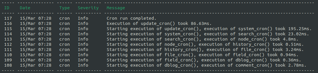 A screenshot of a command line terminal displaying the results of running a drush watchdog:show command.