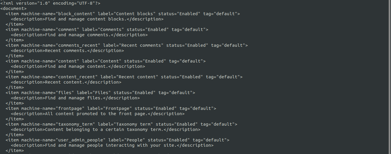 A screenshot of a command line terminal displaying the results of running a drush views:list --format=xml command.