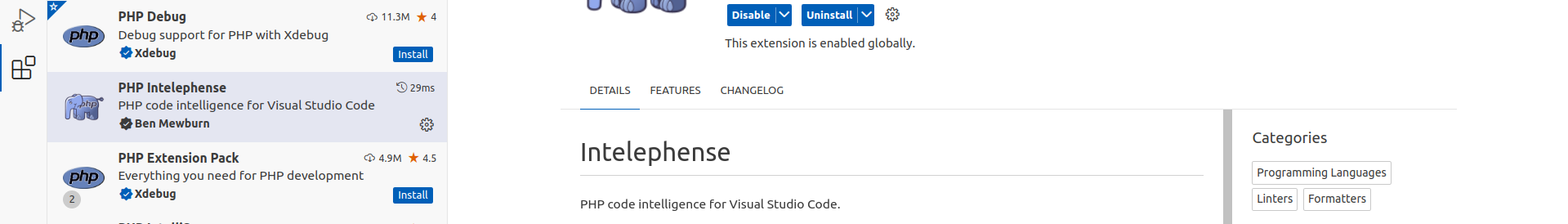 Installed VSCode extensions