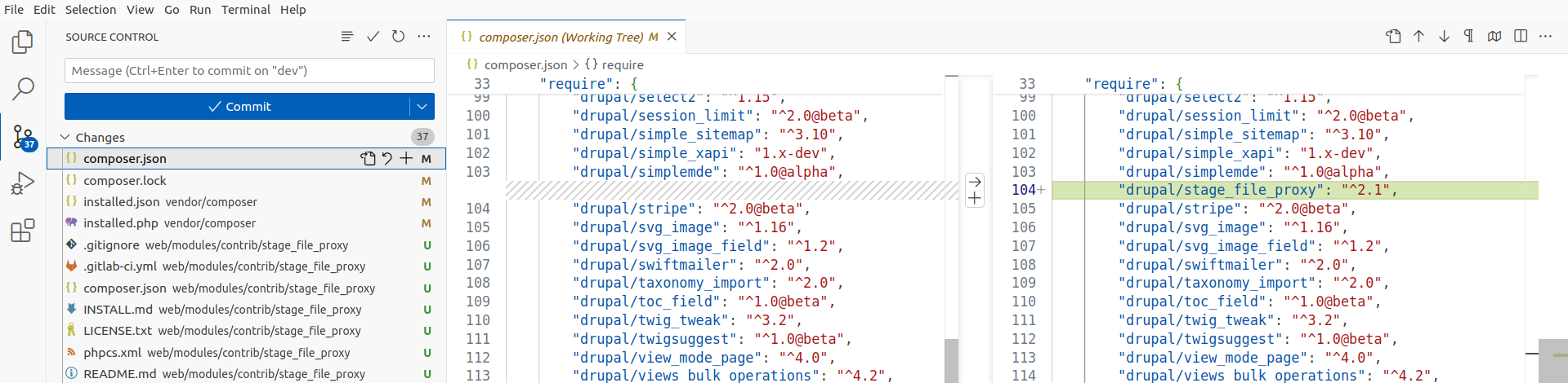 VSCode source control changes, diff view.