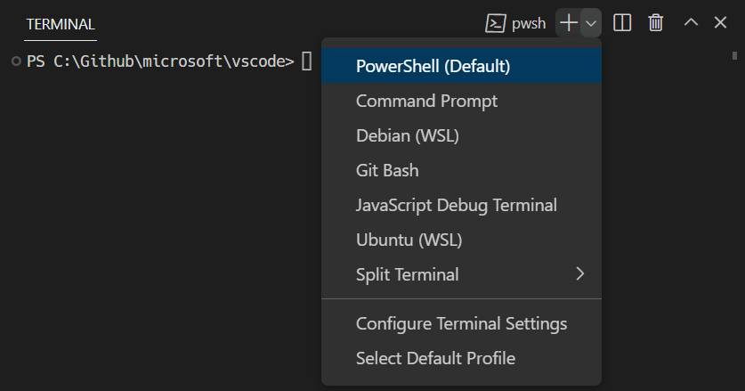 VSCode powershell terminal option