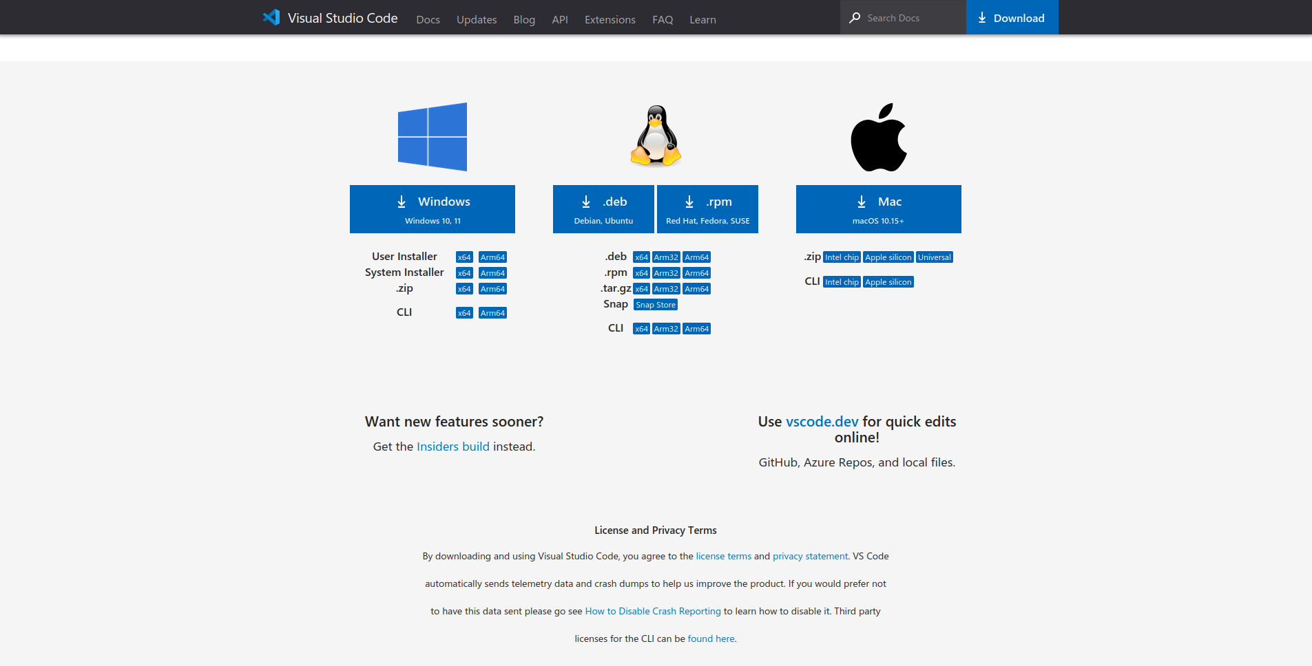 VSCode installers for different platform.
