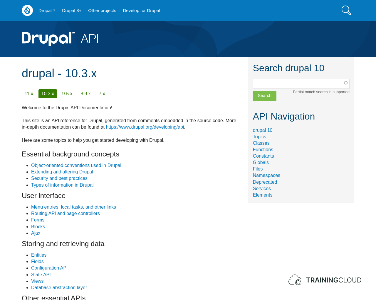 A screenshot of the Drupal 10 api page on drupal.org