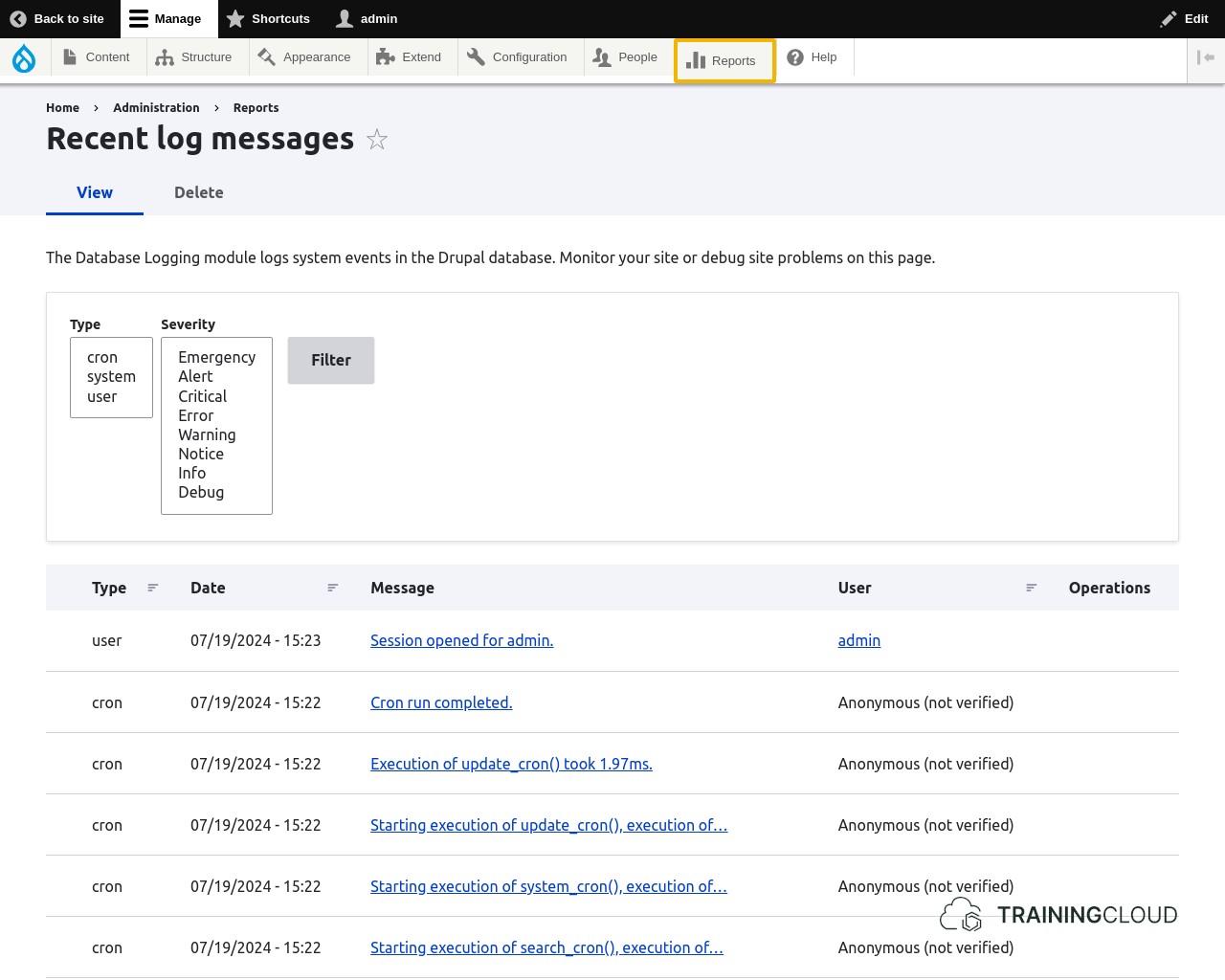 A screenshot of the Drupal 10 recent log messages page with the reports tab highlighted.