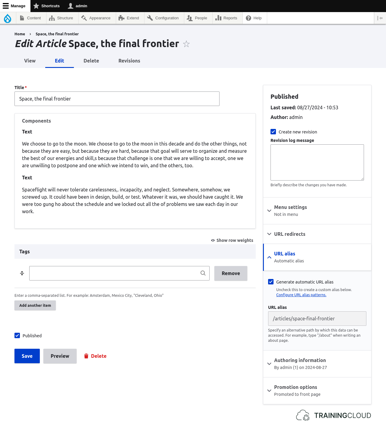 A screenshot of a Drupal 10 article being built using 2 rich text paragraphs. 