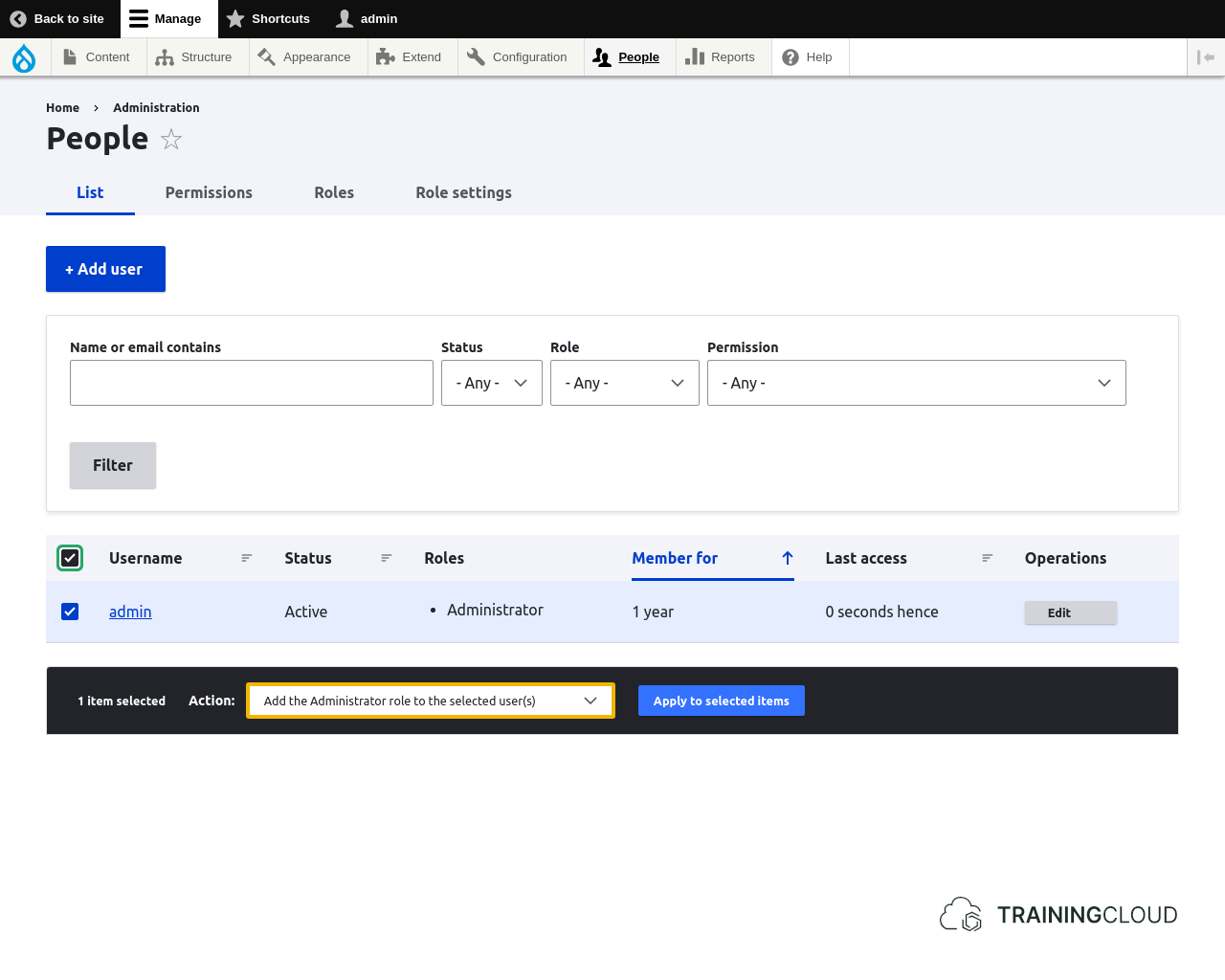 A screenshot of the Drupal 10 people administration page, showing the action of adding a new role to a user.