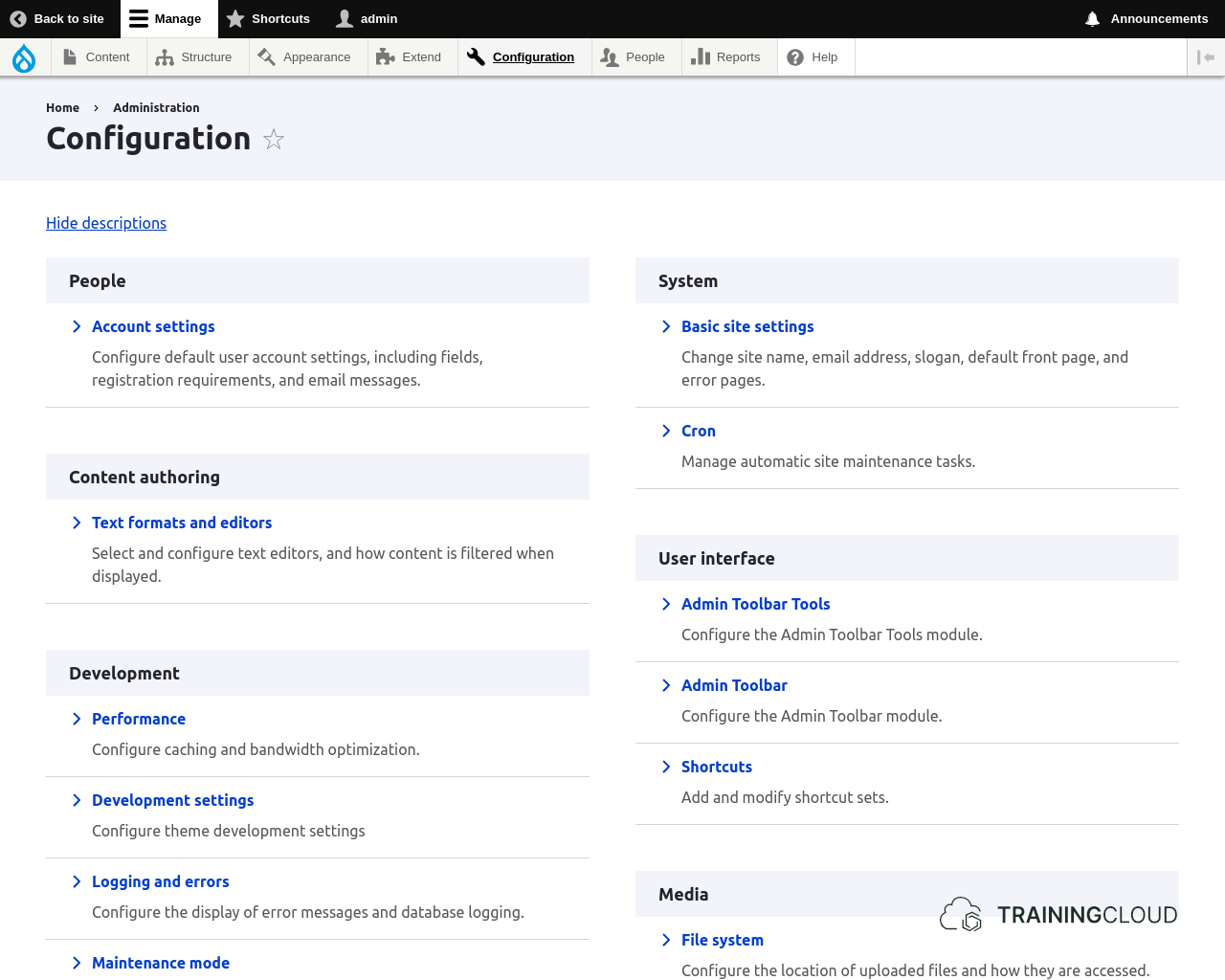 A screenshot of the Drupal 10 Configuration page using the Claro administrative theme.