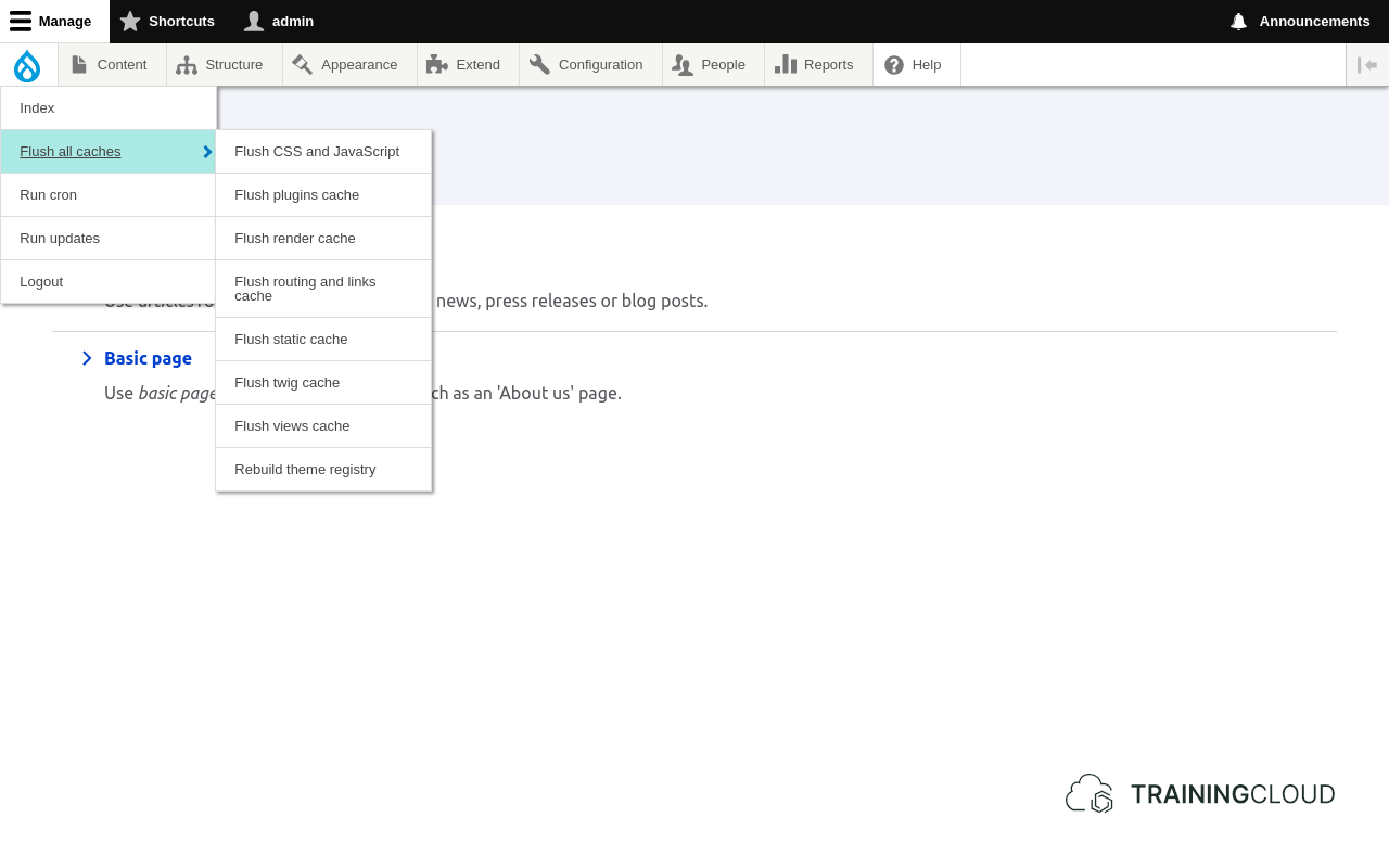 A screenshot of a Drupal 10 site with the flush cache option being displayed in the Administration Quick Menu