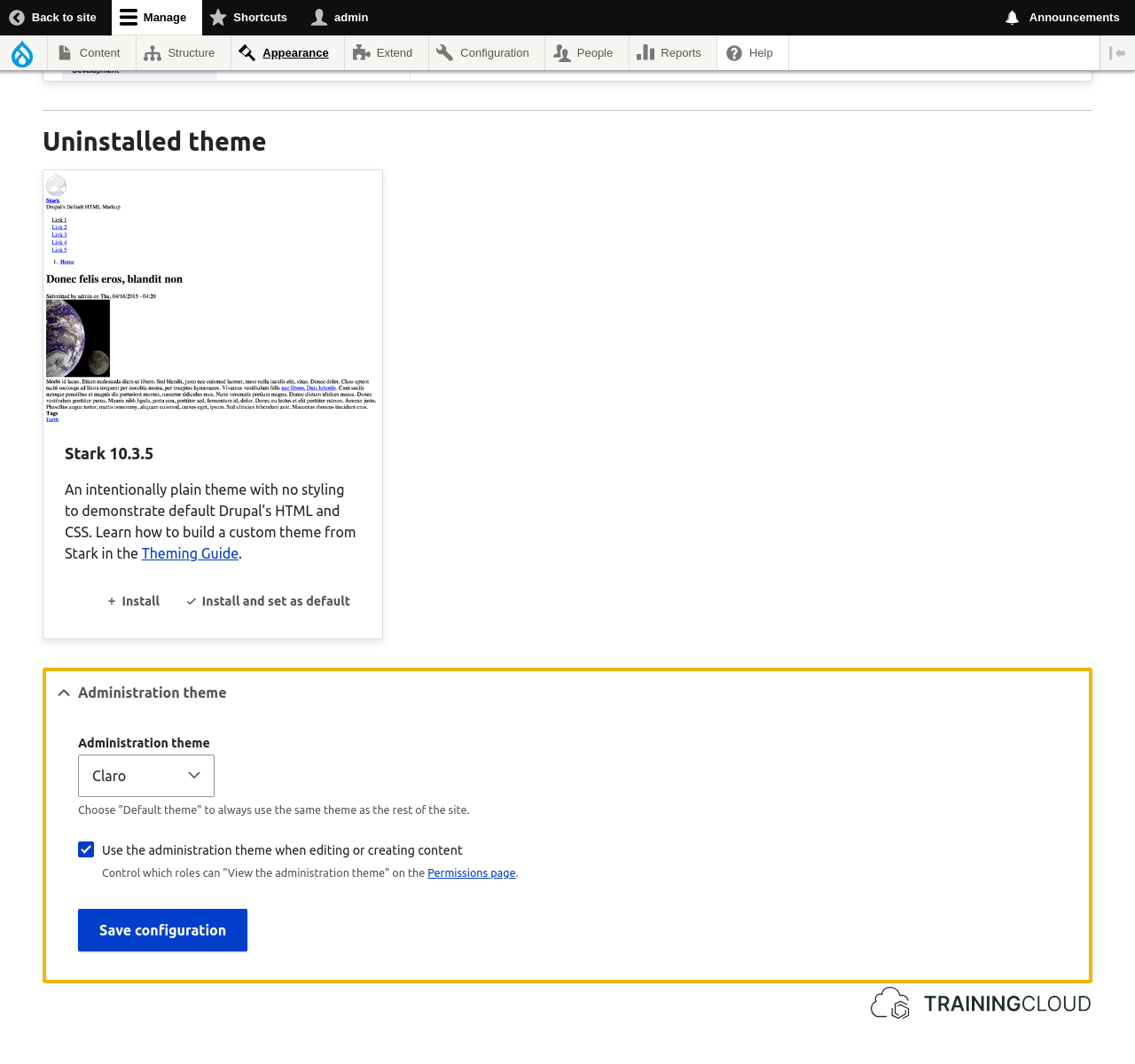 A screenshot of the Drupal 10 appearance page with the Administration theme selection options highlighted.