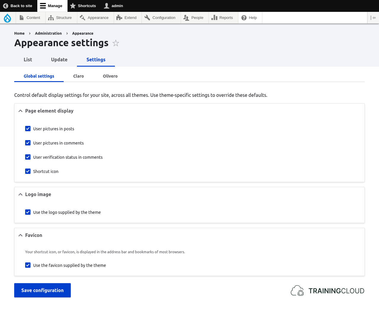 A screenshot of the Drupal 10 appearance settings page, on the global settings tab.