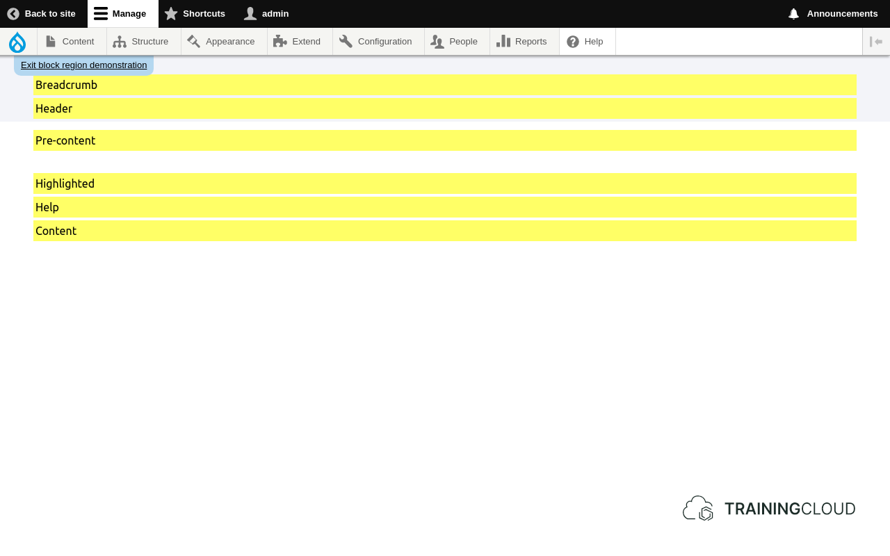 A screenshot showing the Claro block regions on Drupal 10.