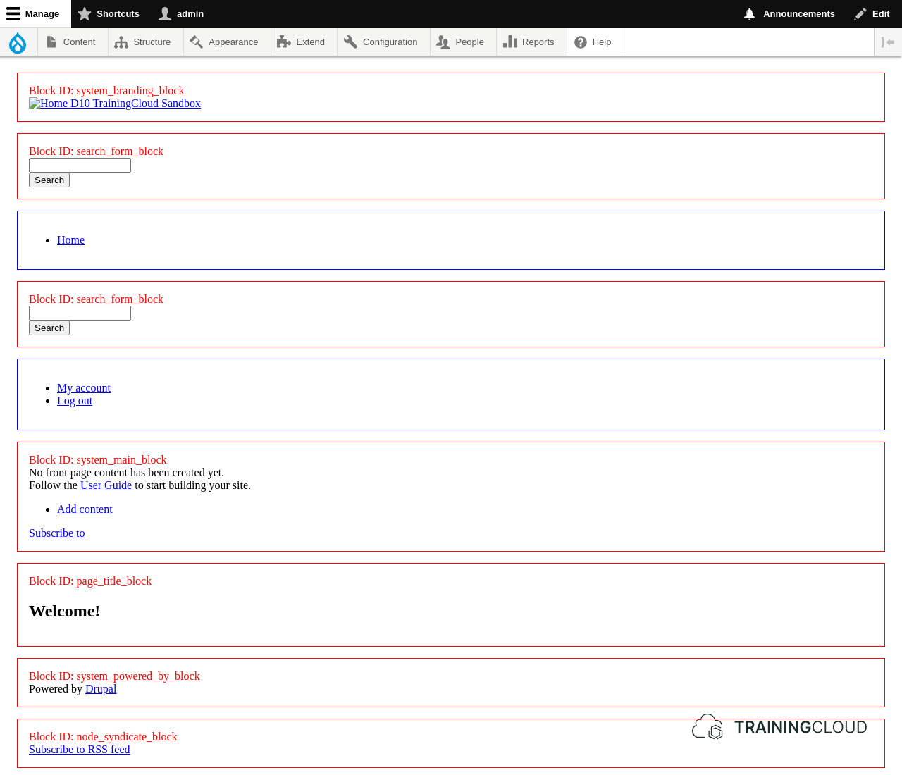 A screenshot of a Drupal 10 homepage that uses a custom theme that borders the blocks red and blue.