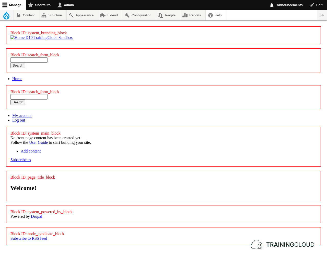 A screenshot of a Drupal 10 homepage using a custom theme that borders some blocks red.