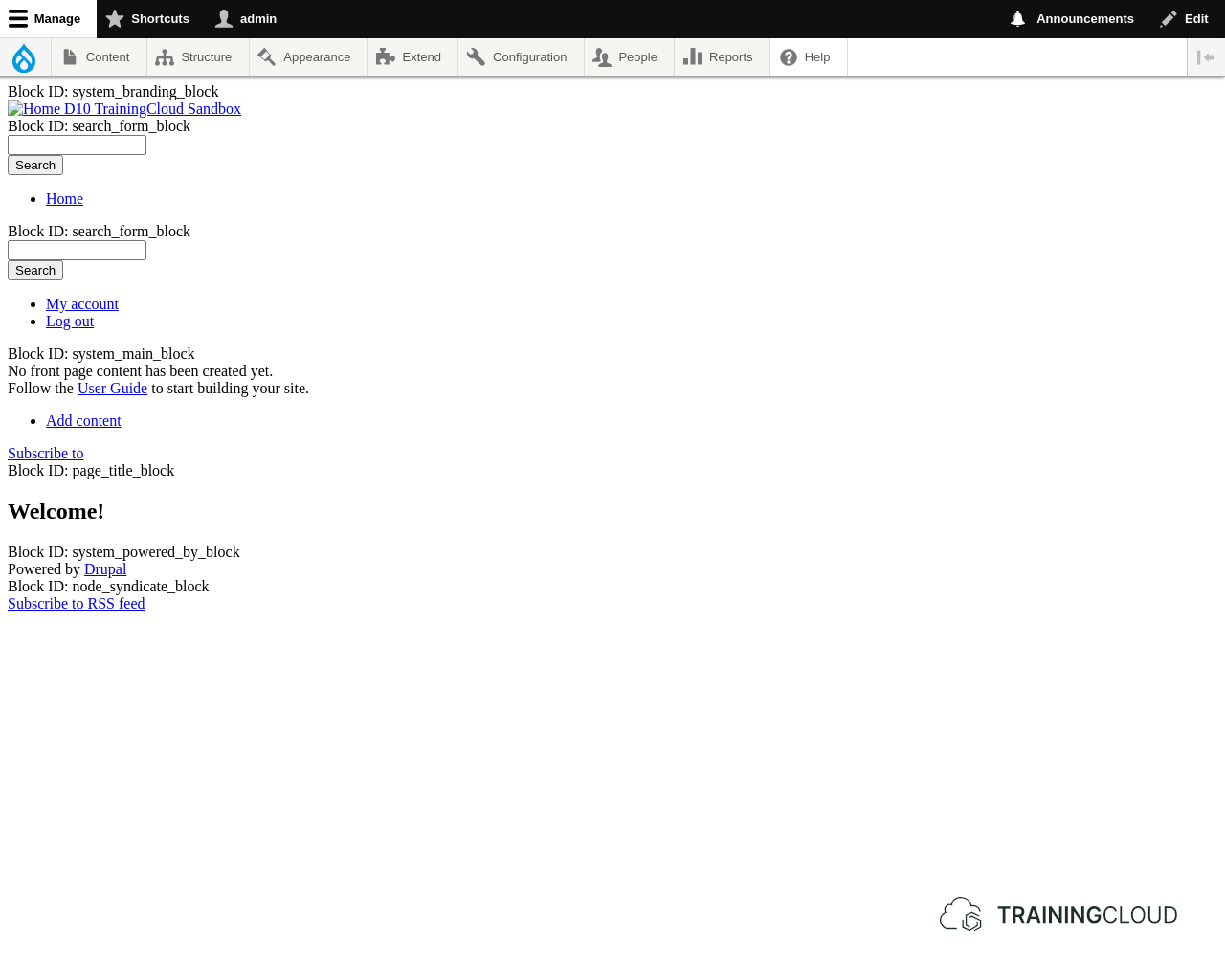 A screenshot of a Drupal 10 homepage using a custom theme and displaying the block_id's.. 