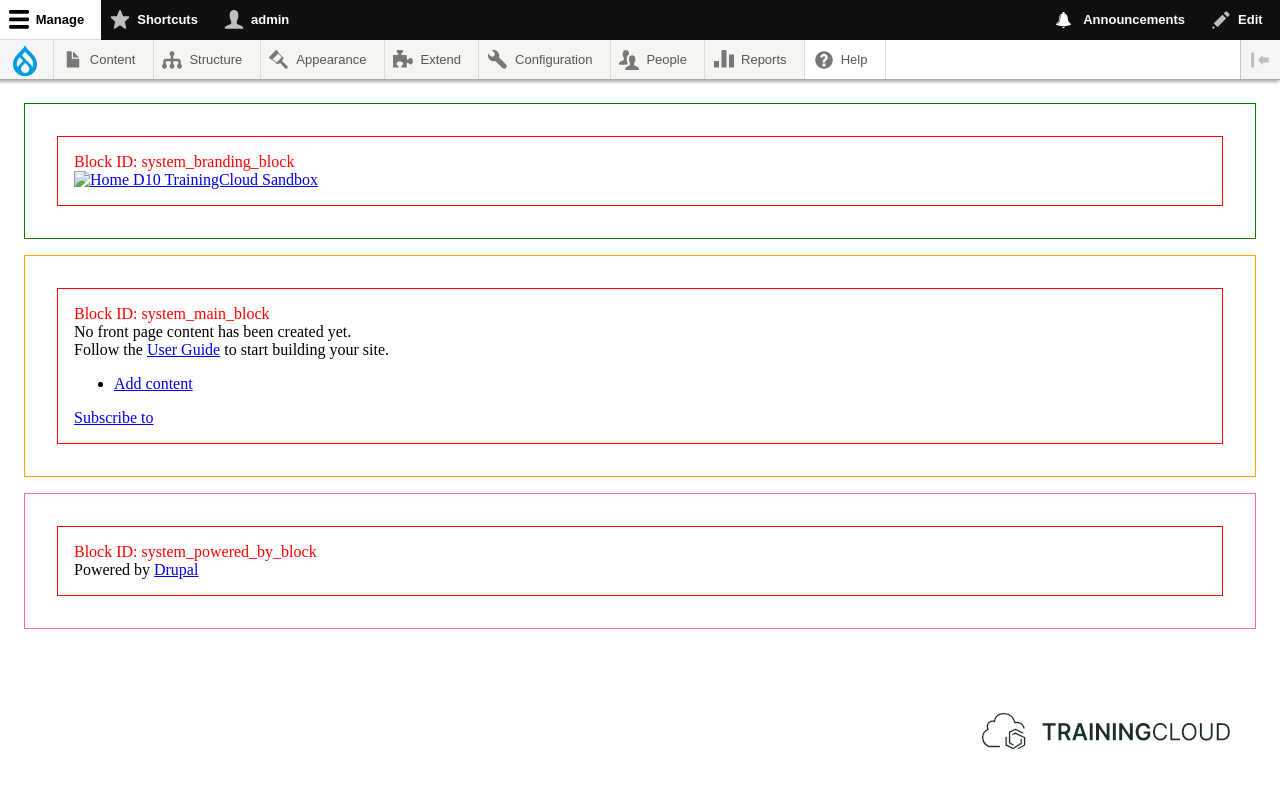 A screenshot of a Drupal 10 home page using a custom theme that borders blocks with different colours.
