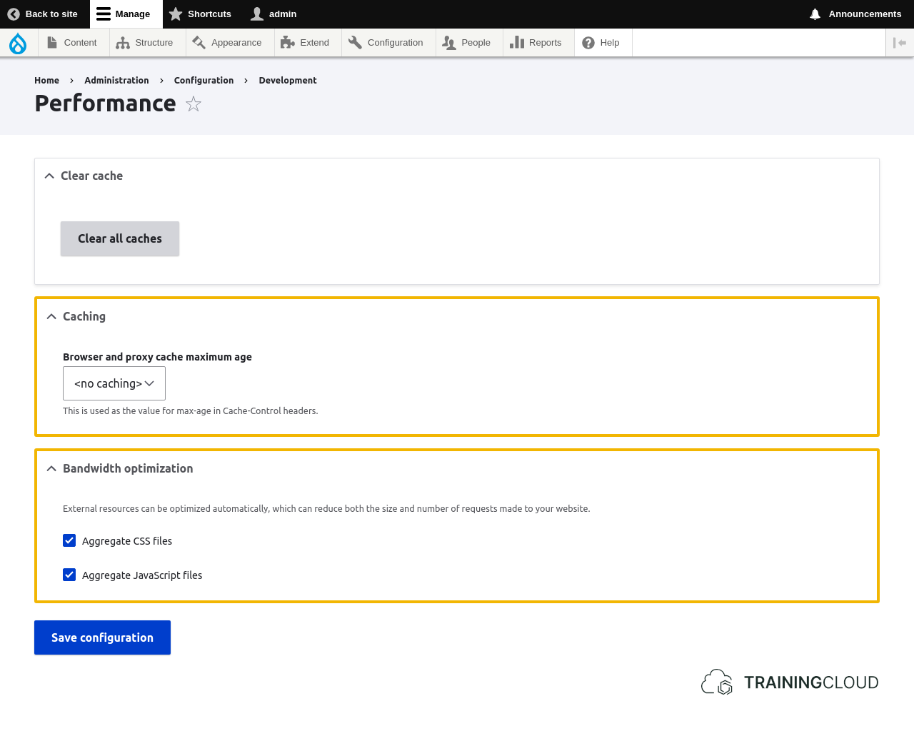 A screenshot of the Drupal 10 performance settings page with the Cashing and Bandwidth optimization settings highlighted.