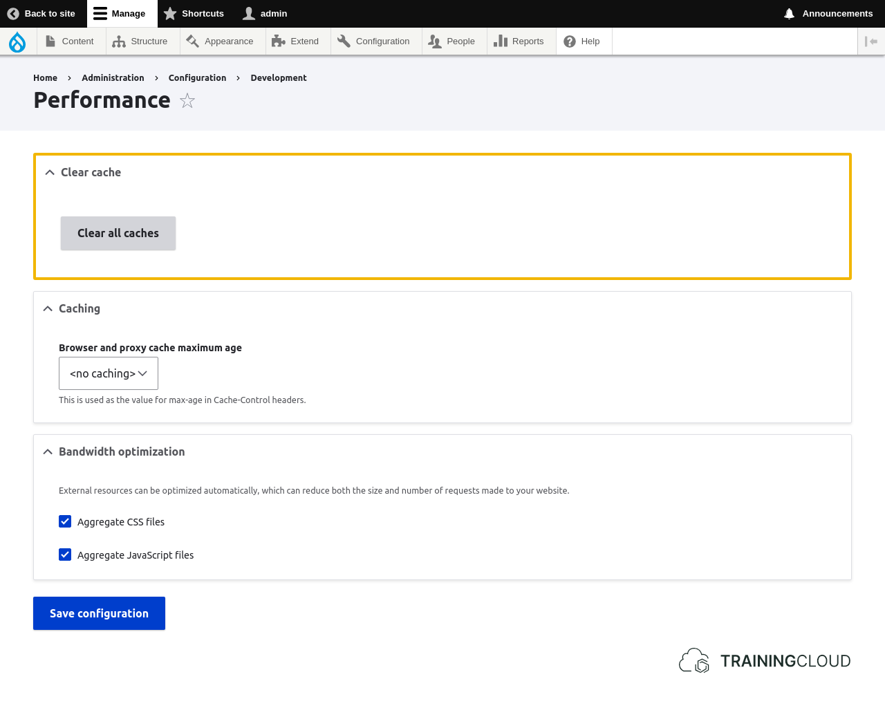 A screenshot of the Drupal 10 performance page with the clear cache option highlighted.