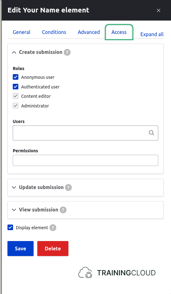 A screenshot of the Access options when editing a text field in a Drupal 10 webform.
